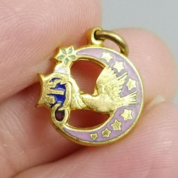 Vintage Daughters Of Rebekah Bird Moon Oddfellows Charm Pendant Gold Tone Enamel - Picture 1 of 5